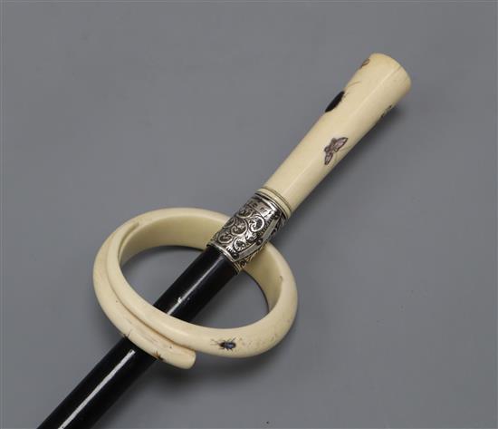 A shibayama inlaid ivory bangle of insects plus silver collared inlaid ivory shibayama walking cane